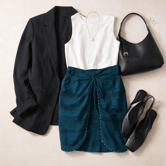 Anthropologie Dresses & Skirts - Anthropologie Odille Teal Striped Skirt Size 8 Knee Boho Chic Classic Anthro